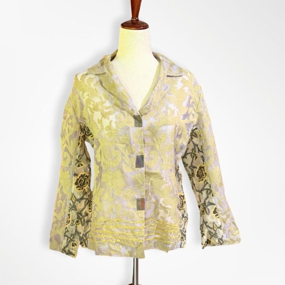 Deborah Cross, VTG 90s Burnout Floral Lightweight Blazer Gold Art to Wear Rare
